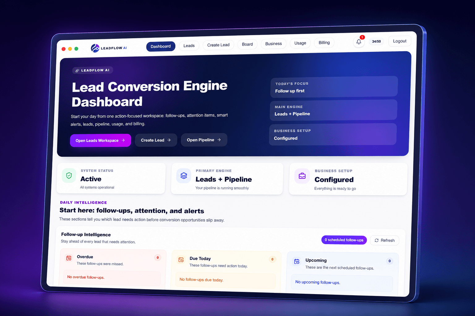 LeadFlow AI lead conversion dashboard