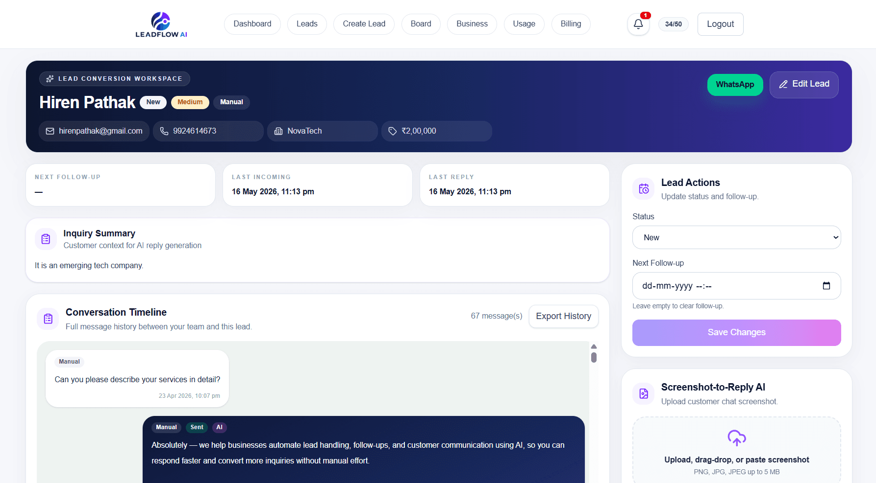 Lead details workspace